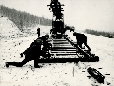 Укладка рельсо-шпальной решетки на Чарском направлении, 1976 г.